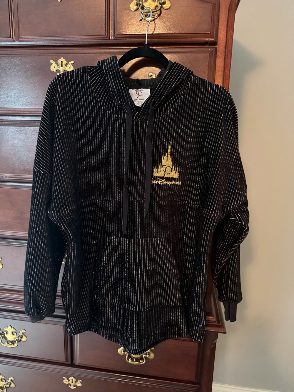 Disney Spirit Jersey Black Metallic Pinstripe Hoodie with Gold Crest